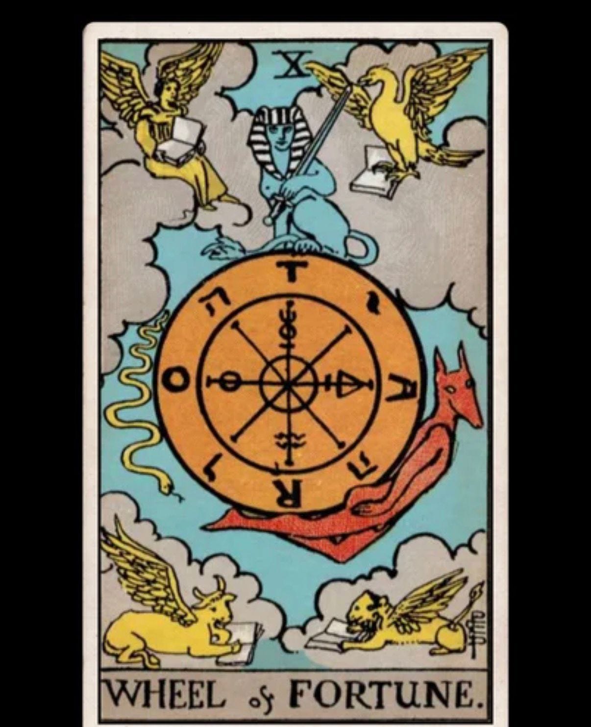 The Wheel of Fortune tarot card from the Rider-Waite-Smith deck, chosen during the Dream Eaters Tarot DMs interview with Finbarre Snarey. The Wheel of Fortune tarot card from the Rider-Waite-Smith deck, chosen during the Dream Eaters Tarot DMs interview with Finbarre Snarey.