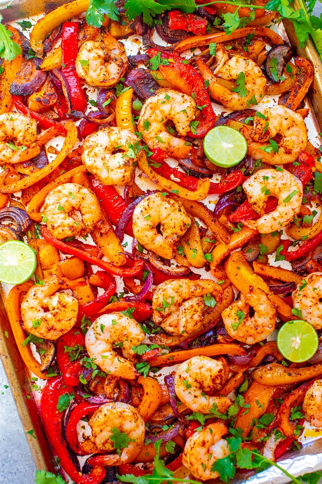Sheet Pan Shrimp Fajitas - EASY, ready in 30 minutes, tastes AUTHENTIC, and made on ONE sheet pan to keep things simple – especially on busy nights!! You don't need to go out to a Mexican restaurant when you can make fajitas this GOOD and healthier at home!!