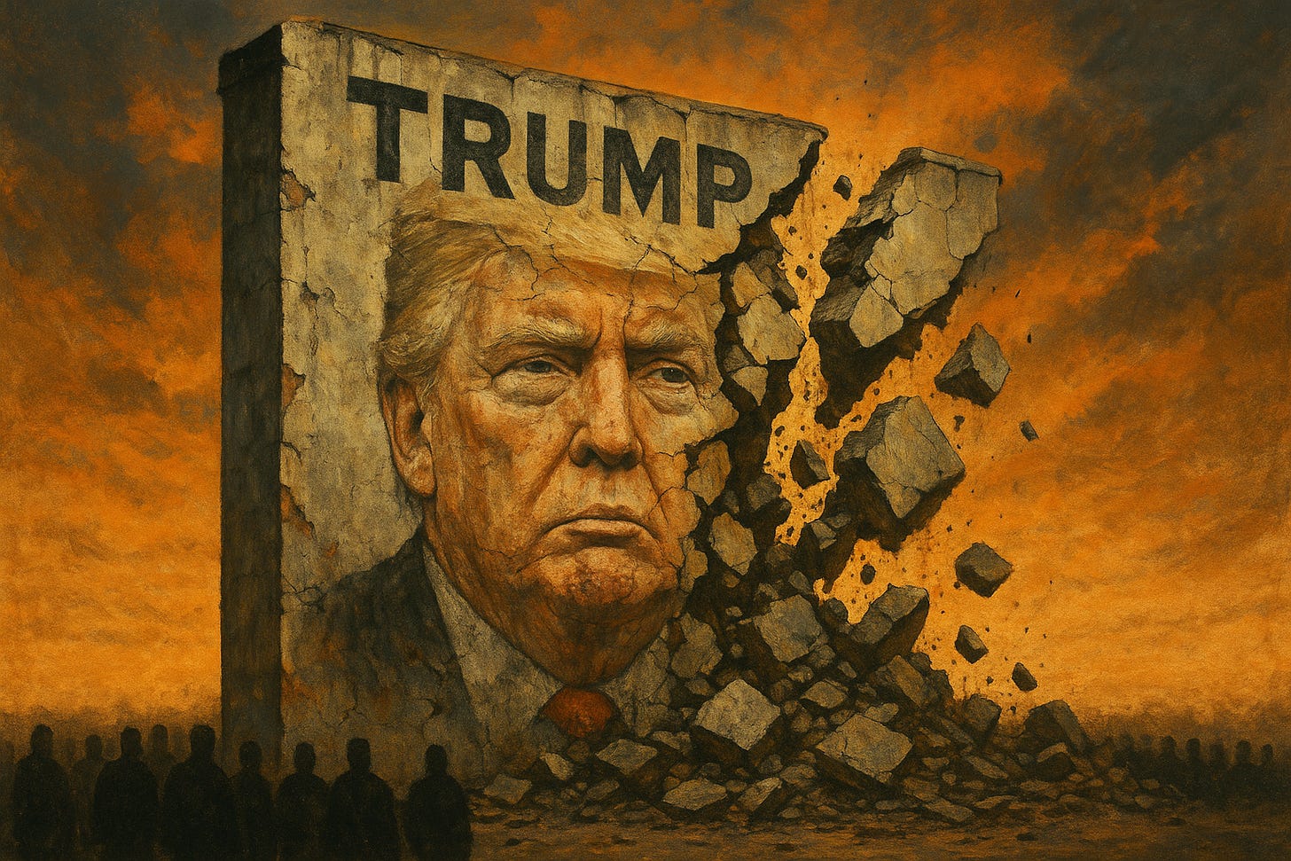 A large concrete wall with Donald Trump’s face painted on it is shown splitting and crumbling, huge chunks exploding outward as the structure collapses. The sky burns in orange tones, and small silhouetted figures stand below, watching the symbolic fall of a political monolith.