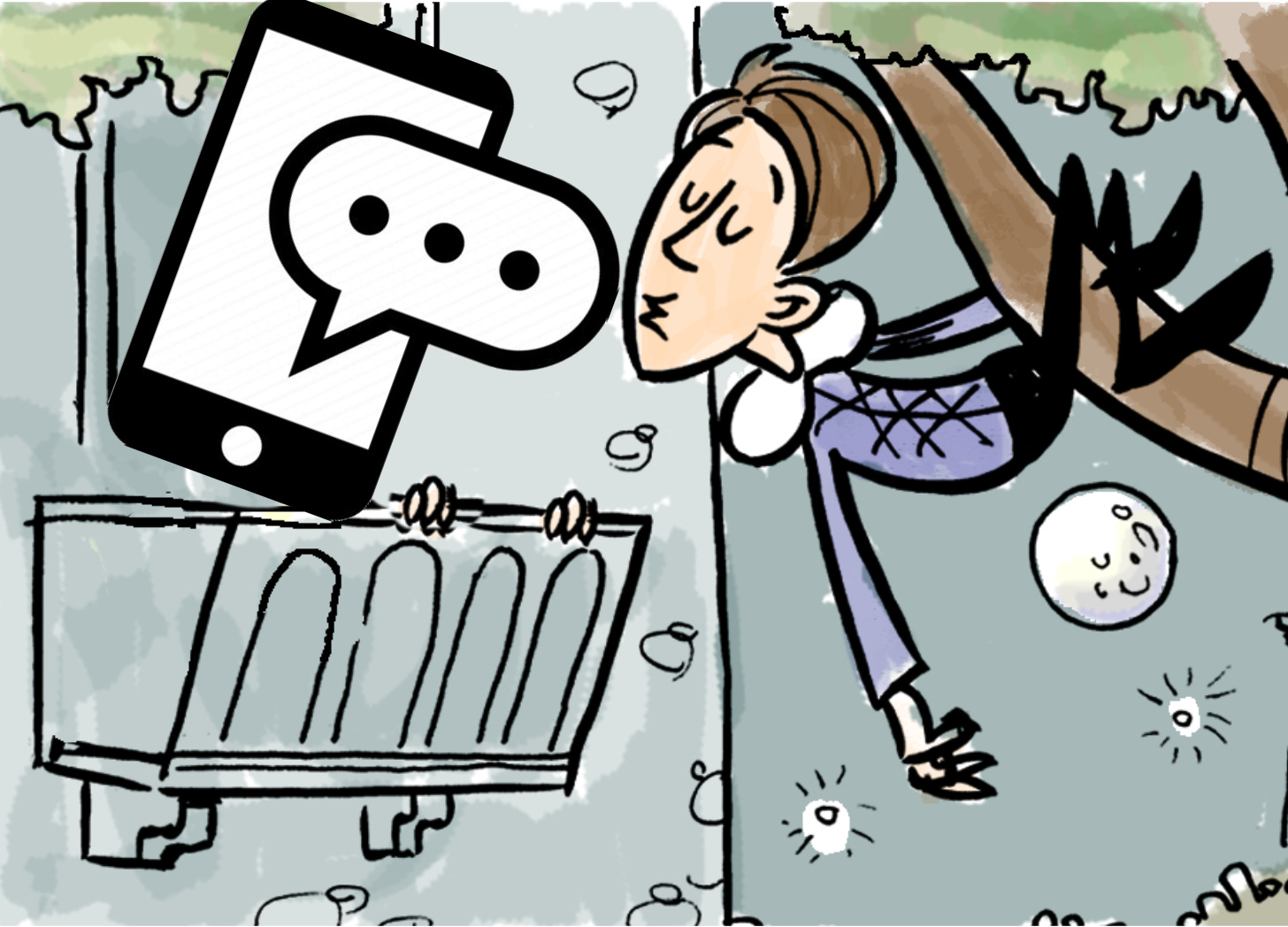 Cartoony illustration of Romeo leaning toward Juliet's balcony with puckered lips, only Juliet is a giant mobile phone.