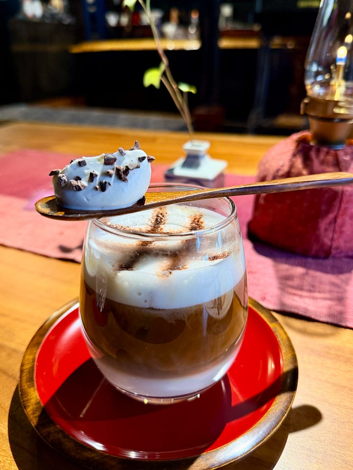 Coffee and dessert (apple pie, cheesecake, pour over coffee, and a craft coffee drink)