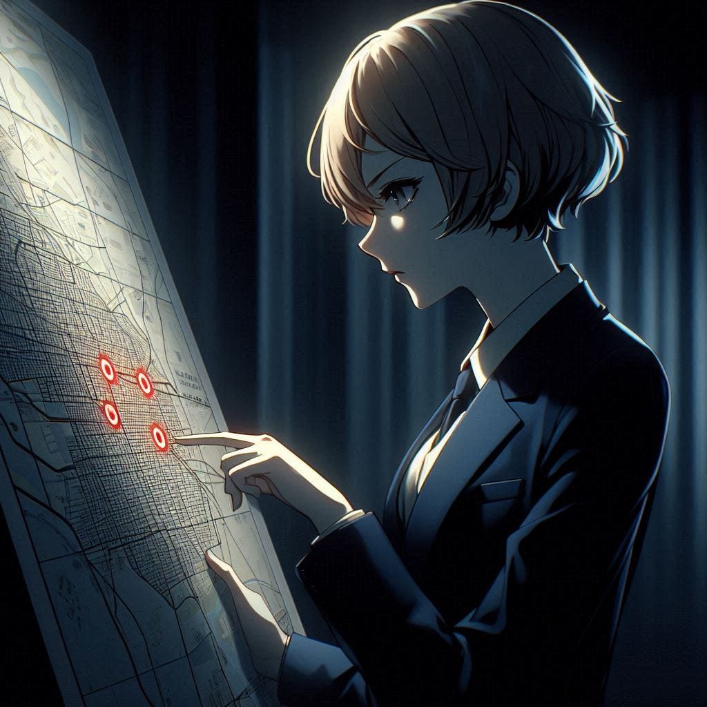 a young woman with short blond hair who is wearing a navy suit looking at a map of a city with three small red circles on it in a dark room. dark anime art style a young woman with short blond hair who is wearing a navy suit looking at a map of a city with three small red circles on it in a dark room. dark anime art style