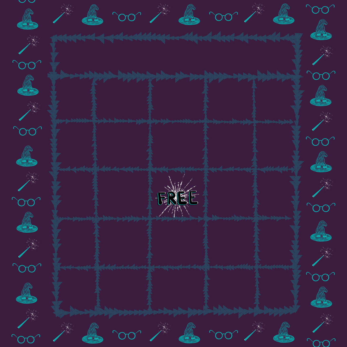 A blank 5x5 BINGO board template with a purple background and a whimsical border featuring teal icons of glasses, wands, and sorting hats, designed by Georgina Dean for the Creatively Wondering community.