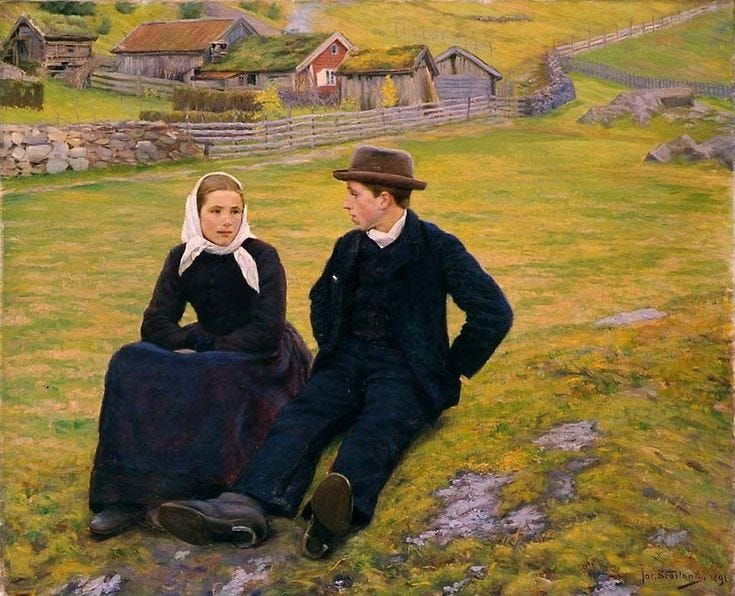 This may contain: a painting of two people sitting on the ground