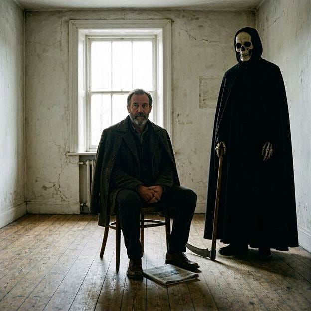An empty room where only a lone man and death are living 