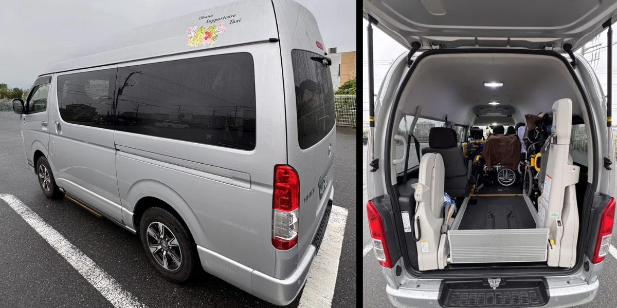 A side-by-side image showing the exterior of a silver Ohana Support Care Taxi van on the left, and its open rear doors on the right, revealing a built-in wheelchair lift mechanism and spacious interior cabin.