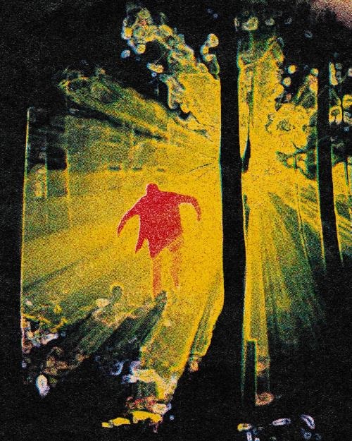 This may contain: an image of a man walking through the woods with bright lights coming from behind him