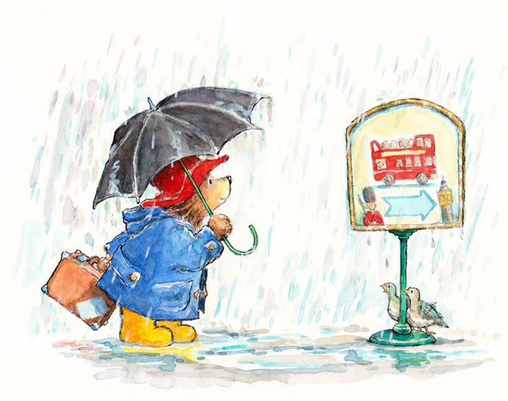 This may contain: a drawing of a teddy bear holding an umbrella in the rain next to a sign