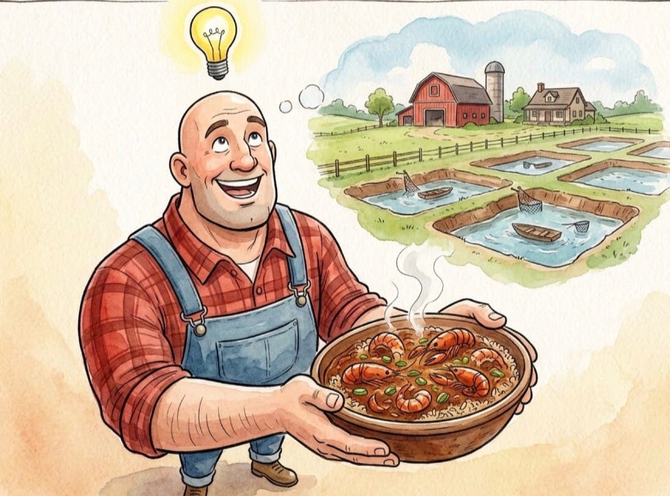 A cheerful cartoon farmer in overalls holds a steaming bowl of crawfish étouffée. A lightbulb glows above his head as he imagines a farm with aquaculture ponds, boats, and a red barn. A cheerful cartoon farmer in overalls holds a steaming bowl of crawfish étouffée. A lightbulb glows above his head as he imagines a farm with aquaculture ponds, boats, and a red barn.