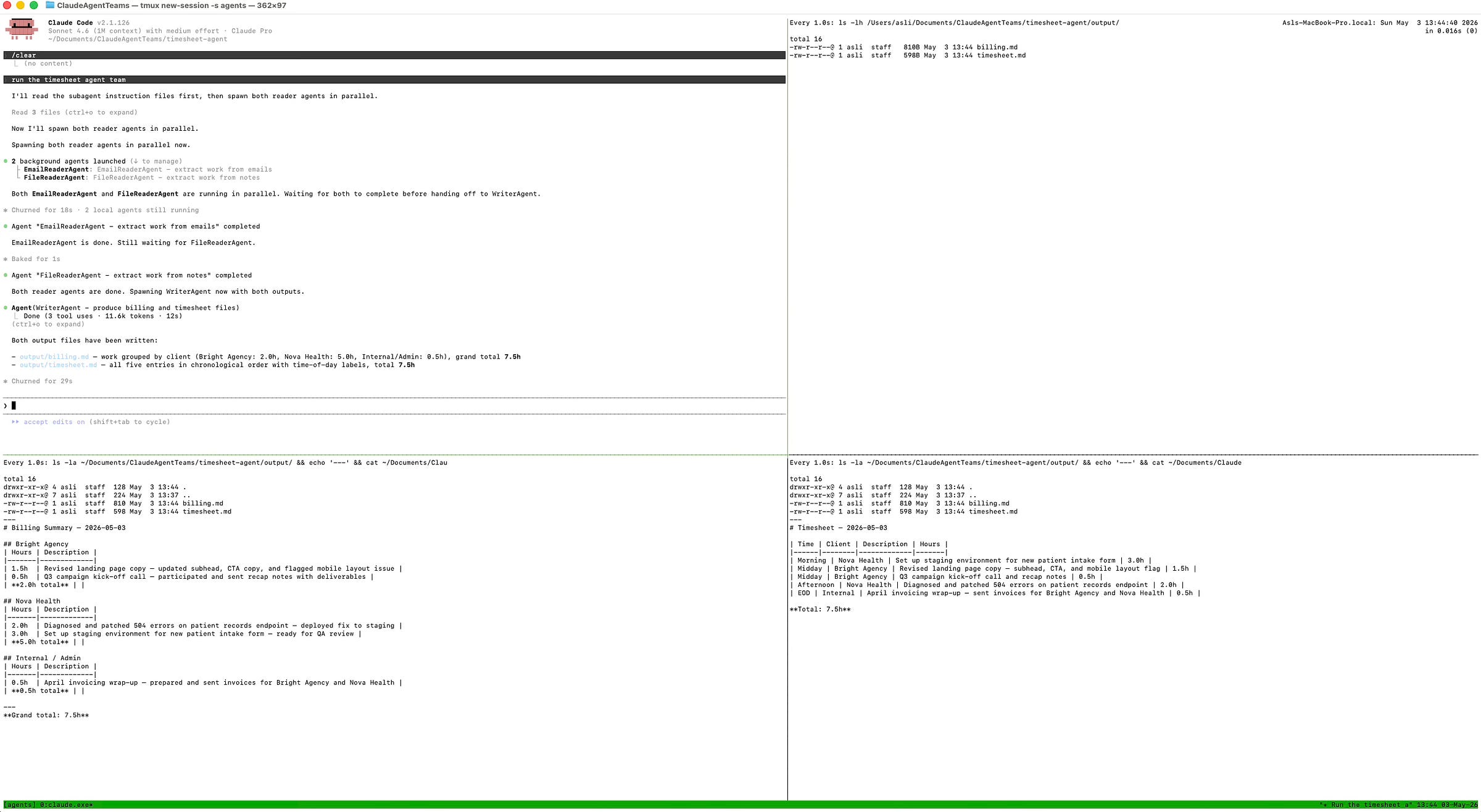 Claude Code agent-generated billing summary grouped by client: Bright Agency, Nova Health, and Internal Admin