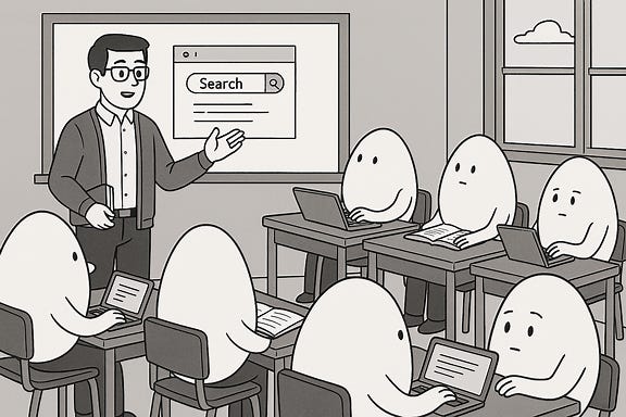 cartoon-style image of a classroom where all the students are eggs sitting at desks, each working on research tasks using tablets or laptops. The eggs have expressive faces showing focus and curiosity. The classroom has posters on the walls, bookshelves, and a teacher at the front guiding the activity. The scene is humorous and imaginative, with a warm and engaging atmosphere. cartoon-style image of a classroom where all the students are eggs sitting at desks, each working on research tasks using tablets or laptops. The eggs have expressive faces showing focus and curiosity. The classroom has posters on the walls, bookshelves, and a teacher at the front guiding the activity. The scene is humorous and imaginative, with a warm and engaging atmosphere.