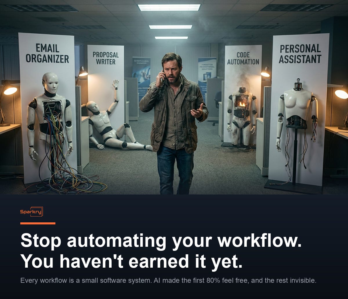 A small-business owner walks through his office on a real client call, ignoring four broken humanoid robots labeled Email Organizer, Proposal Writer, Code Automation, and Personal Assistant. A small-business owner walks through his office on a real client call, ignoring four broken humanoid robots labeled Email Organizer, Proposal Writer, Code Automation, and Personal Assistant.