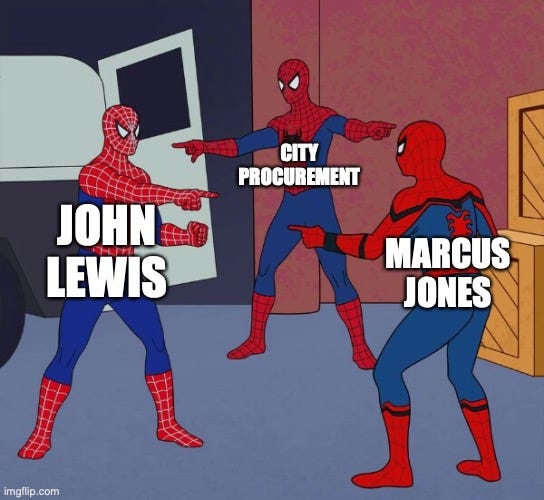 Spider Man Triple |  CITY PROCUREMENT; JOHN LEWIS; MARCUS JONES | image tagged in spider man triple | made w/ Imgflip meme maker