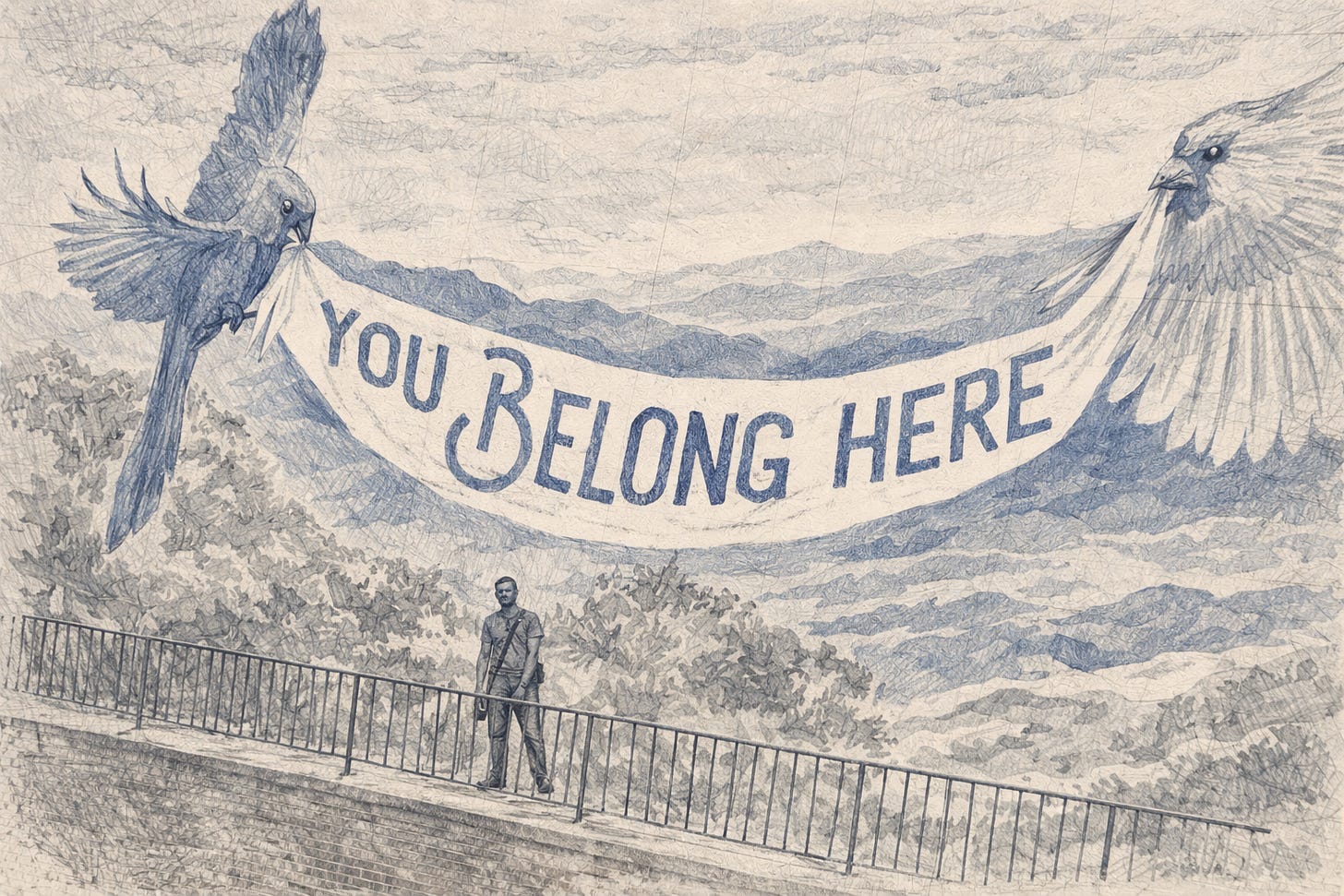 Hand-drawn pencil sketch of a large mural in Staunton, Virginia. Two birds hold a banner that reads “You Belong Here,” with the mountain range and the lettering softly accented in dusky blue. A man stands below the mural along a brick walkway and metal railing.