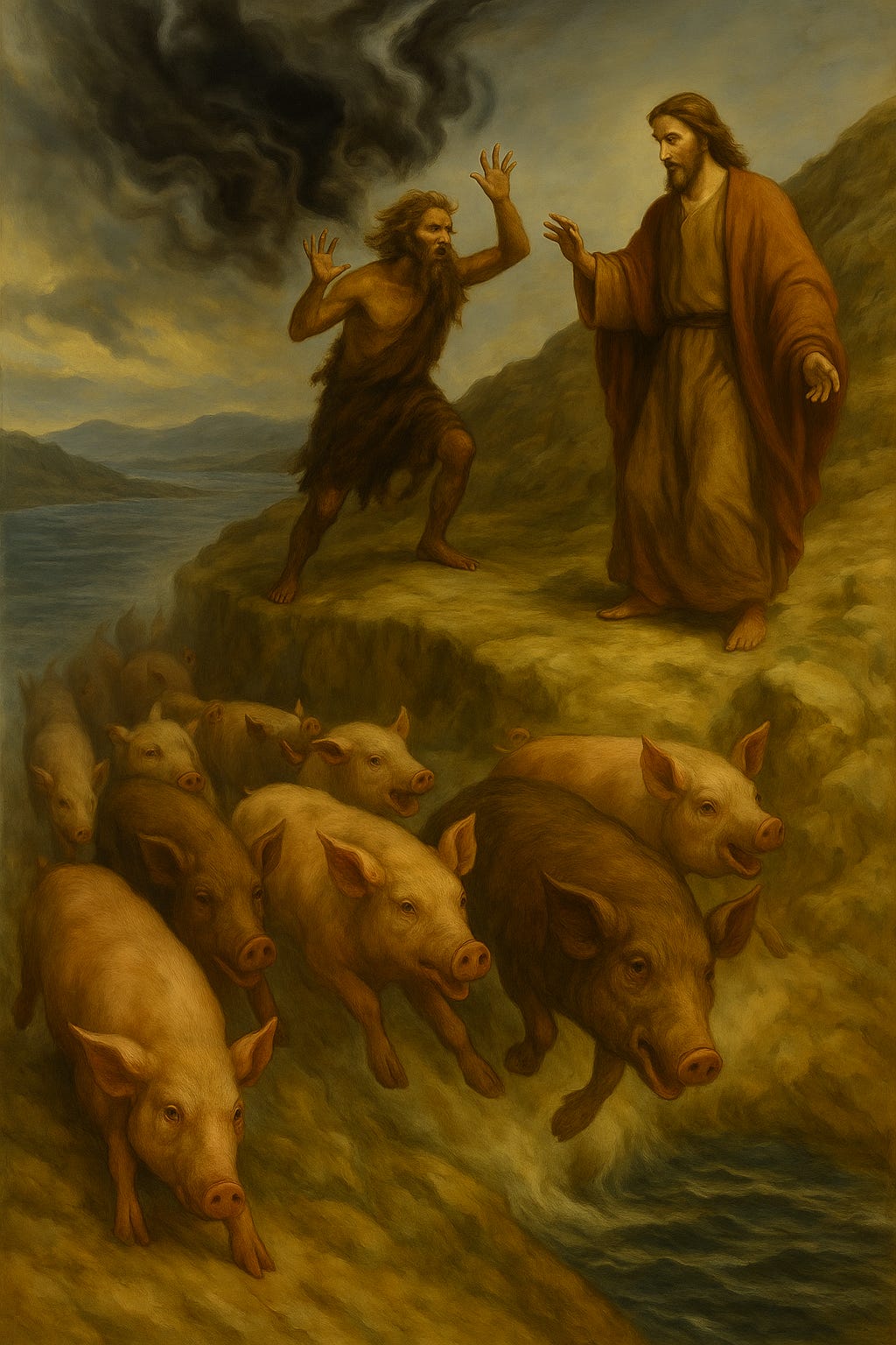 A painting of two people standing on a cliff with pigs

AI-generated content may be incorrect.