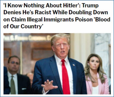 A headline with Trump saying, "I know nothing about Hitler." A headline with Trump saying, "I know nothing about Hitler."