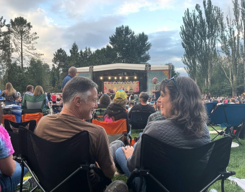 two people watching an outdoor  concert