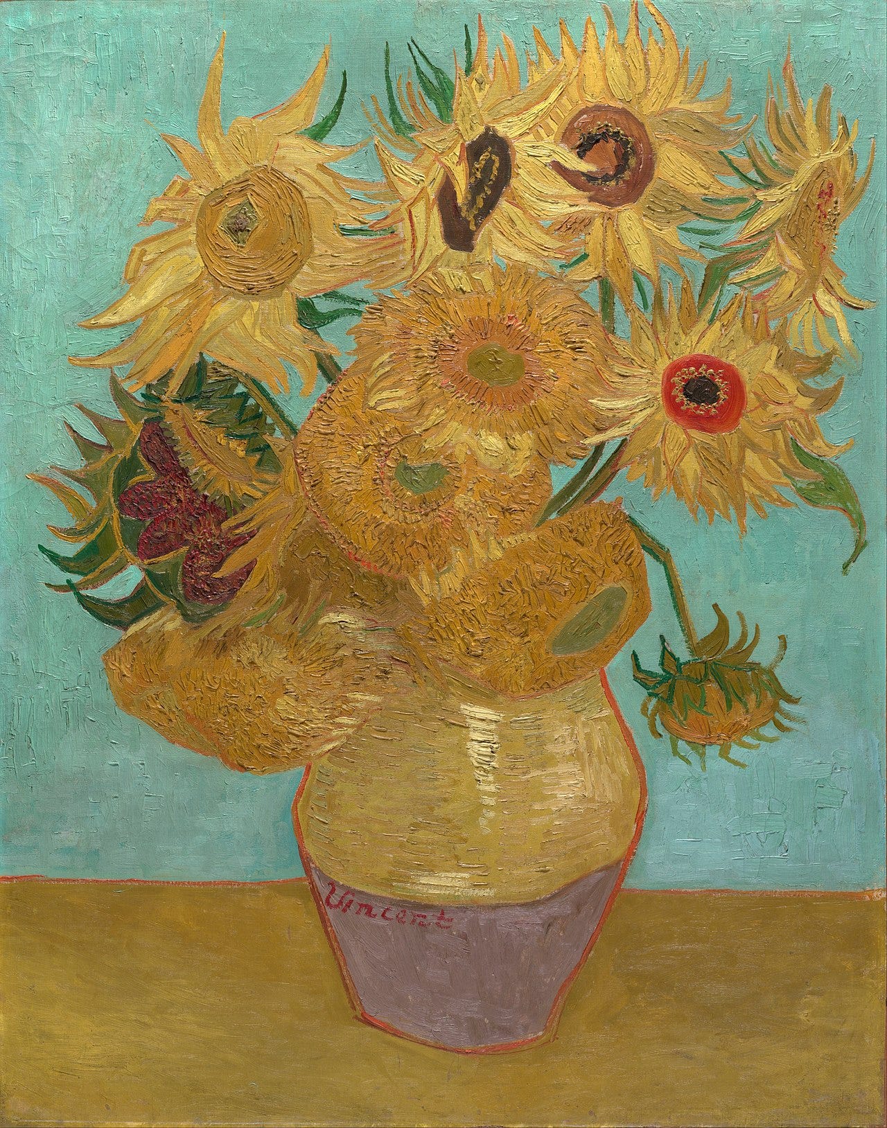 A vase of yellow sunflowers against a yellow wall A vase of yellow sunflowers against a yellow wall