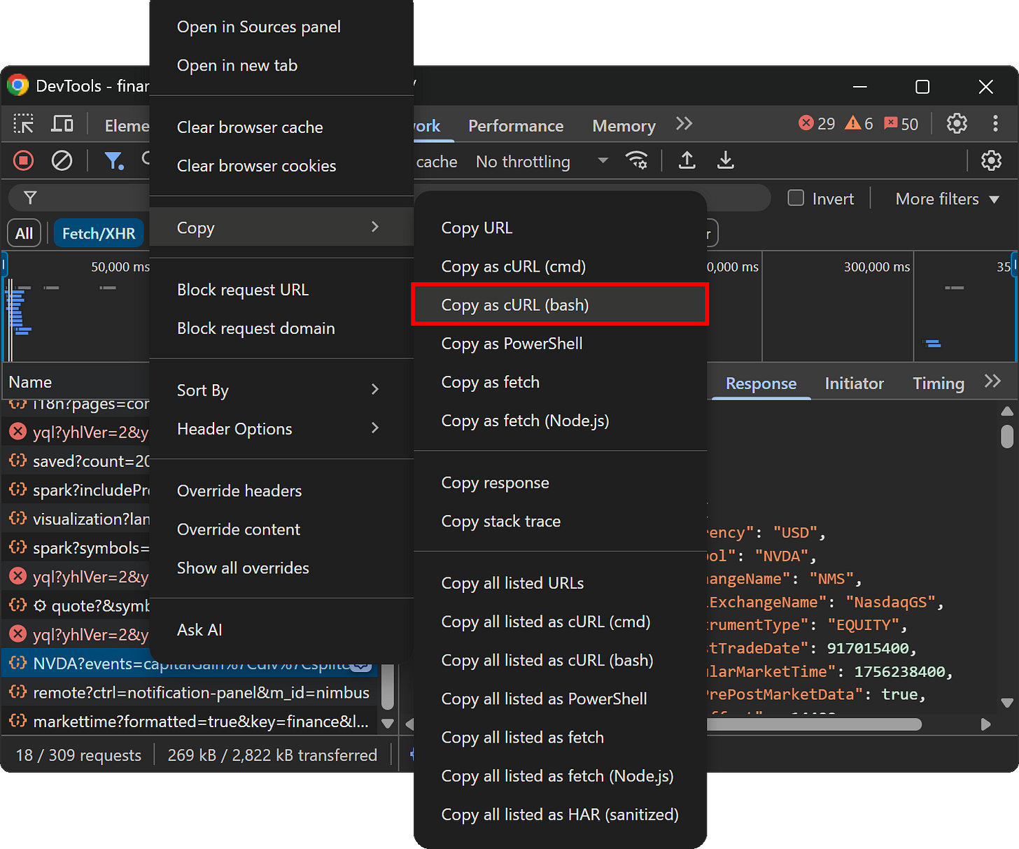 Selecting the “Copy > Copy as cURL (bash)” option