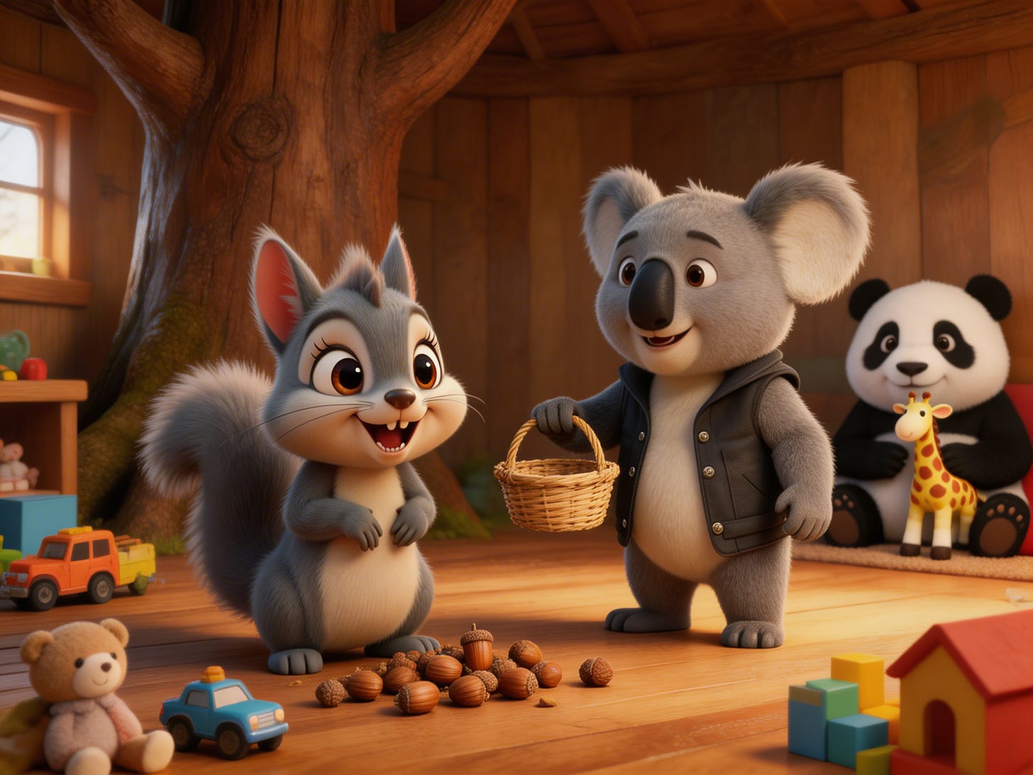 A cartoon squirrel looking overwhelmed and distracted by piles of scattered acorns and lost toys. A cartoon koala is standing next to him, calmly handing him a single small basket to start with.