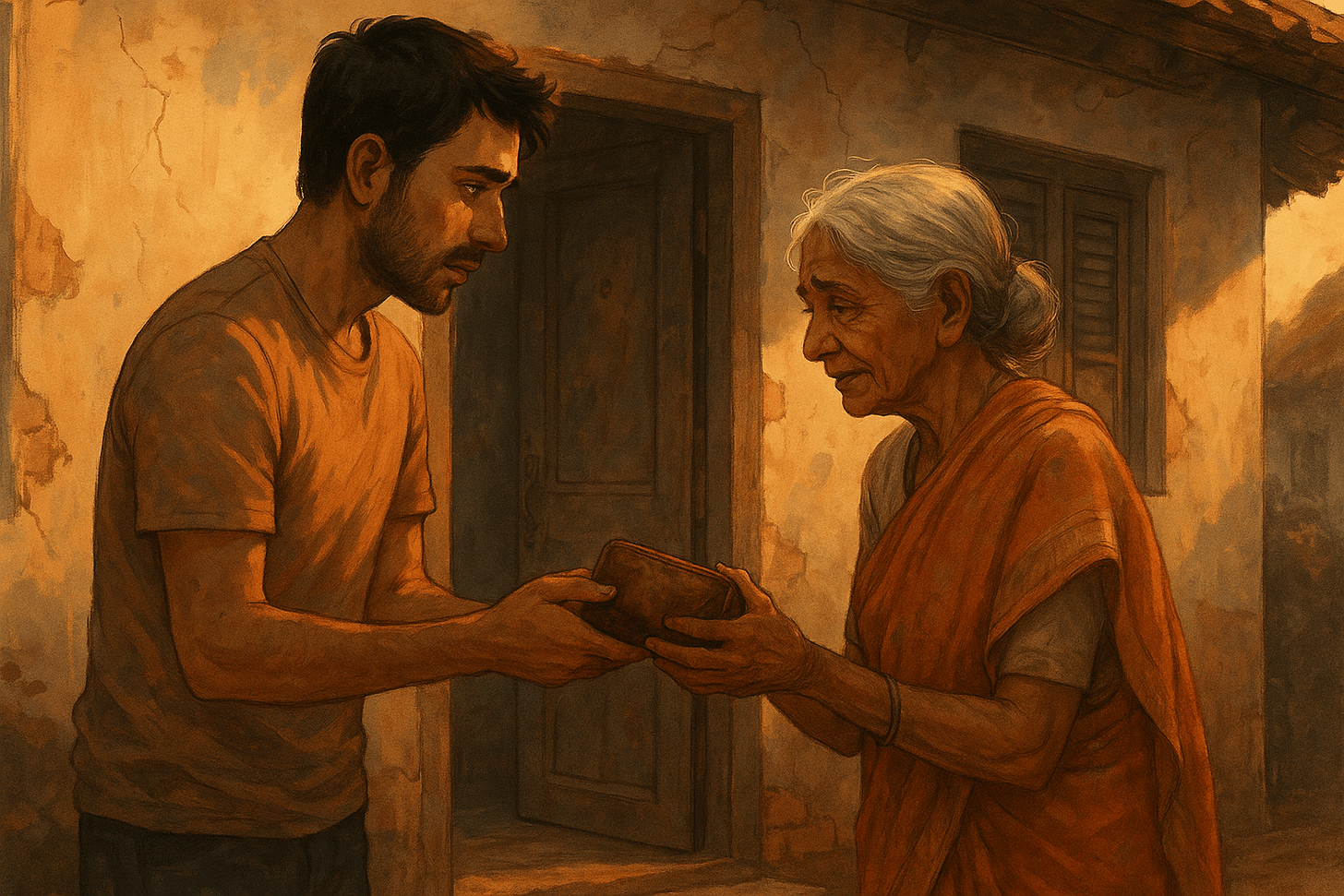 “A man standing on a street holding a worn-out wallet, looking conflicted, while an elderly woman with trembling hands receives it at the door of a small old house.”