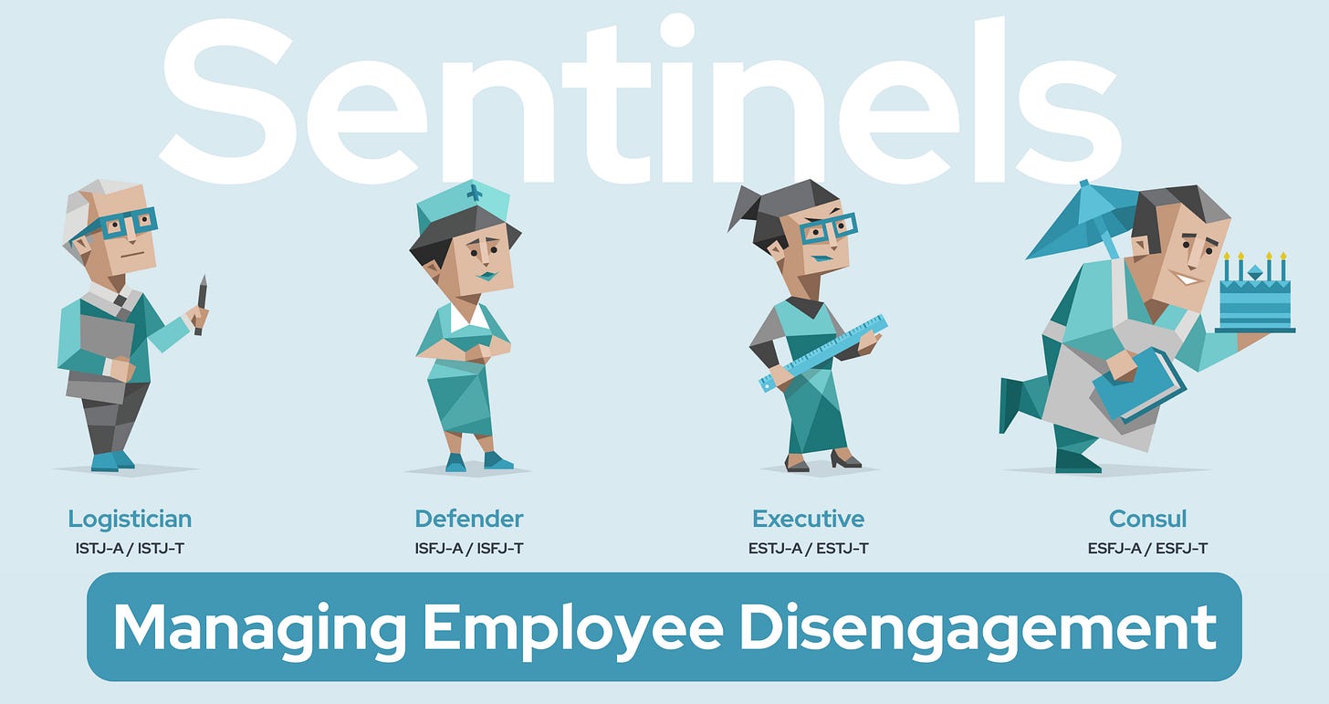 The word 'Sentinels' is prominently displayed, with four blue characters overlapping it - a Logistician, a Defender, an Executive, and a Consul. The type codes are also displayed: ISTJ-A / ISTJ-T, ISFJ-A / ISFJ-T, ESTJ-A / ESTJ-T, and ESFJ-A / ESFJ-T. Below, the words 'Managing Employee Disengagement' are shown.