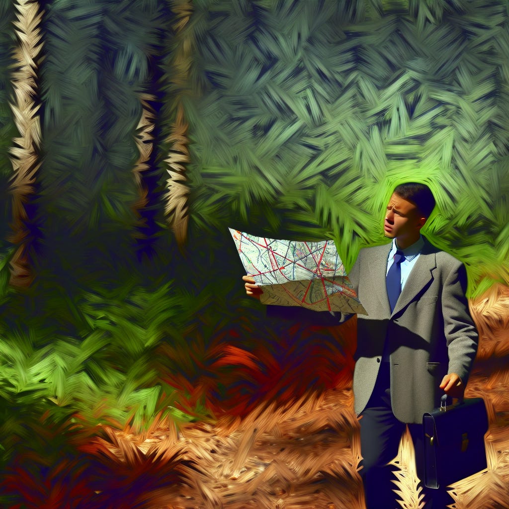 create an abstract visual for ambiguity. a young white collar worker is walking through the woods with a map that isn't very clear. he comes to a fork in the path and each way seems treacherous, but his map is no help in guiding him and he doesnt know which way to go. he is standing there deciding which way to go but is spending too much time thinking and not enough time doing.