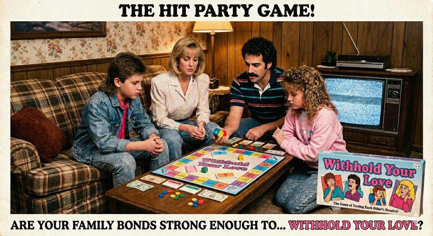 A satirical 1980s advertisement for a board game about love, conditional love, unconditional love and self-love called Withhold Your Love, showing a family in a retro living room