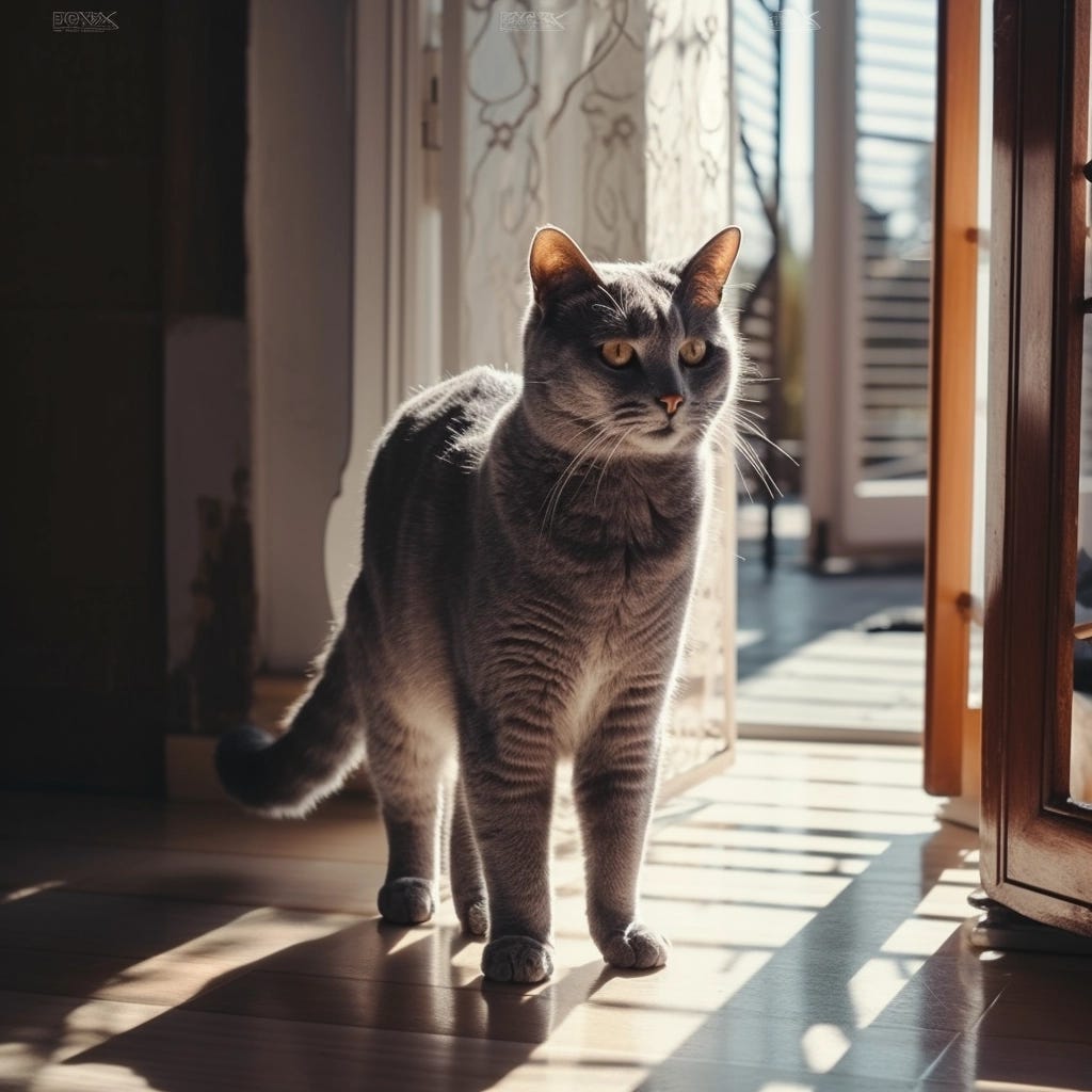 gray cat walking throug the open window to wards the garded. warm sun, sun rays, pieceful,