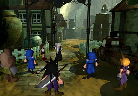 Zack in front of Nibelheim's entrance, running out of Shinra manor, and on the photo.