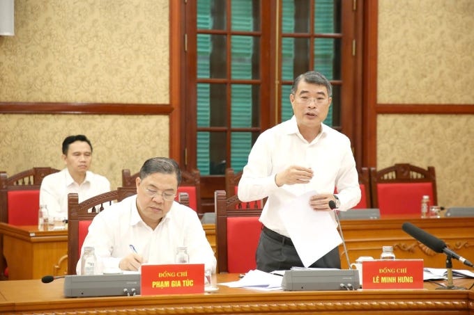 Thủ tướng Lê Minh Hưng và Phó thủ tướng Thường trực Phạm Gia Túc tại buổi làm việc với Tổng Bí thư, Chủ tịch nước Tô Lâm, chiều 19/5. Ảnh: Cổng thông tin Đảng Cộng sản Thủ tướng Lê Minh Hưng và Phó thủ tướng Thường trực Phạm Gia Túc tại buổi làm việc với Tổng Bí thư, Chủ tịch nước Tô Lâm, chiều 19/5. Ảnh: Cổng thông tin Đảng Cộng sản