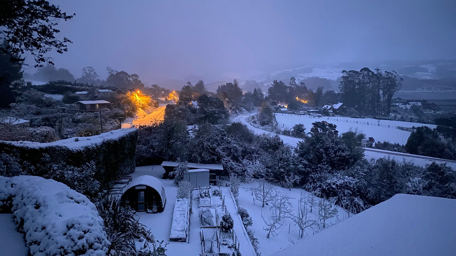 Landscape covered in white snow, with the only colour a distant orange streetlight.
