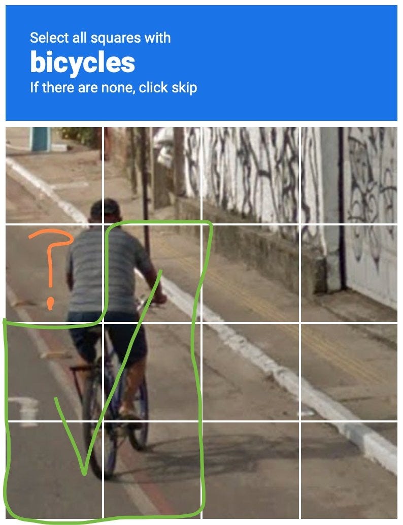 May be an image of ‎1 person, bicycle, segway, street and ‎text that says "‎Select all squares with bicycles If there are none, click skip ز‎"‎‎