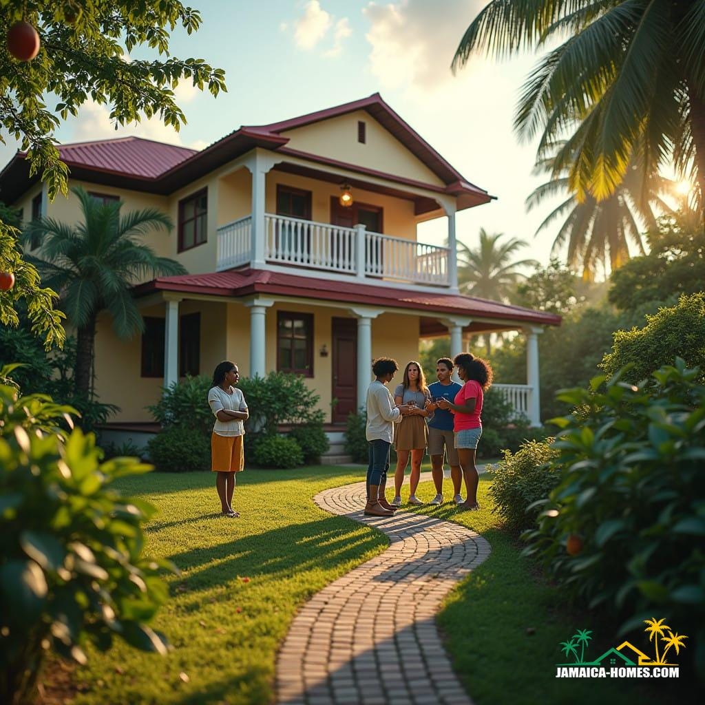 A vibrant and realistic scene in Jamaica showcasing the dynamics of selling a home. The setting is a modern suburban neighborhood in Kingston during an open house. The home is a charming two-story house with a red roof and a large veranda surrounded by tropical plants and fruit trees. Inside, prospective buyers interact with a local real estate agent who highlights the home's features. The atmosphere reflects the cultural nuances of Jamaican hospitality, with light refreshments like patties and sorrel being served. The conversation includes discussions about list prices, buyer expectations, and negotiation strategies, illustrating the balance between seller optimism and market realities. Include subtle elements like a printed 'Jamaica Homes' listing flyer and a laptop showcasing the online property listing.