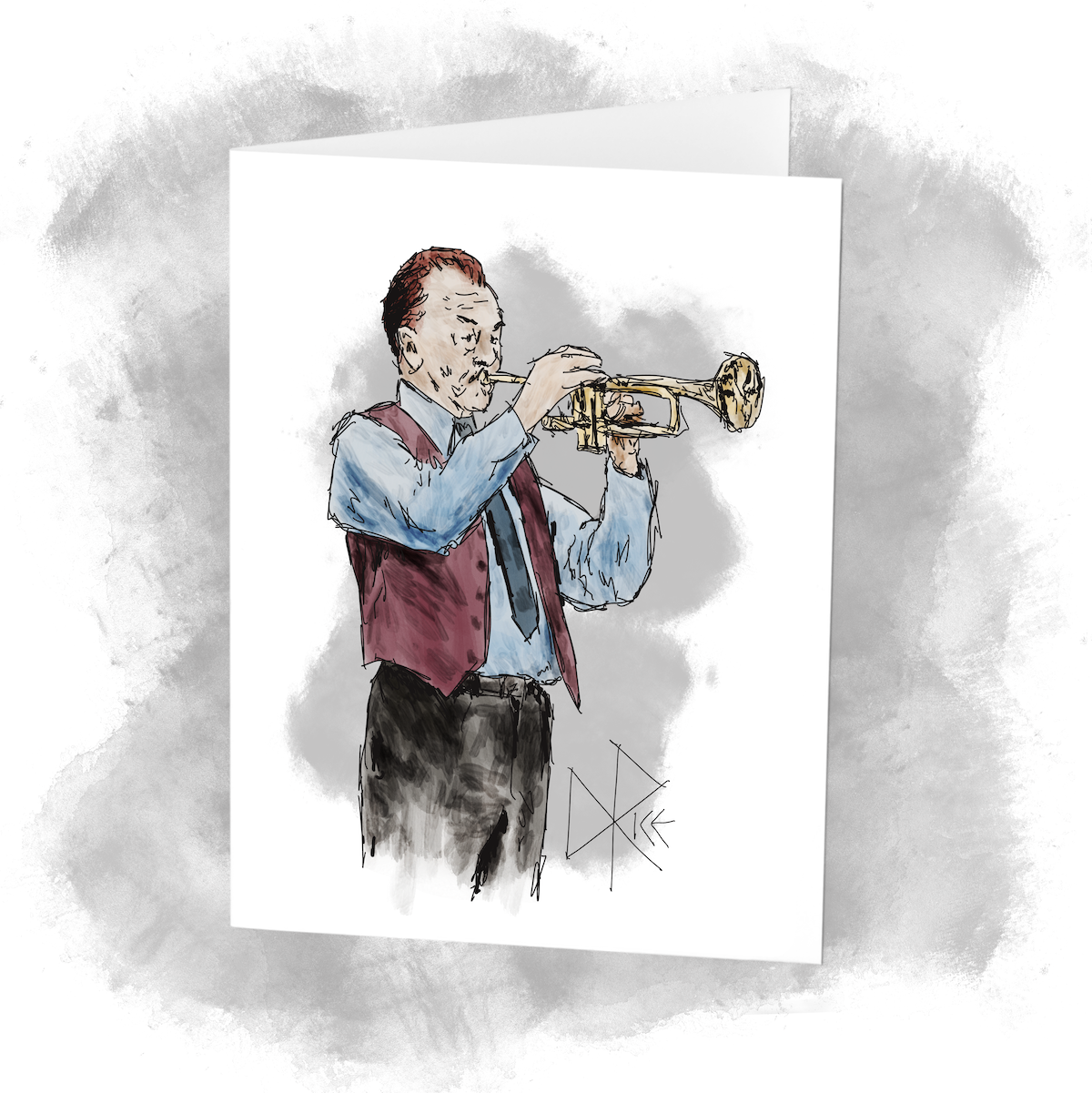 An older man stands with his trumpet to his lips, playing as part of a public jazz performance. Sketch art by Don Rice.