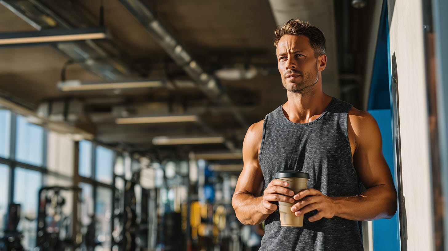 Fit, muscular older man drinking a protein shake in a bright gym.