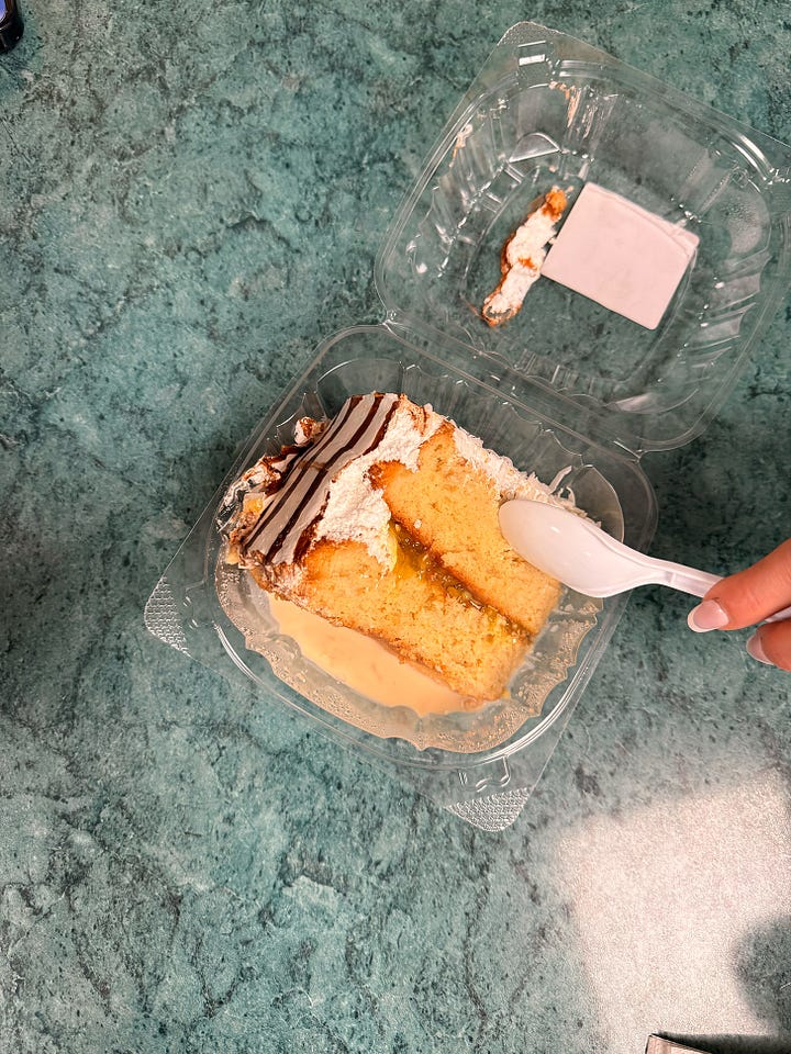 A closeup of the passion-fruit filled tres leches and barbacoa surrounded by rice and peppers.