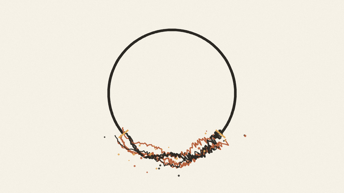 A large hand-drawn circle on cream paper. The upper arc is a single clean, smooth black line. At the bottom, the line breaks apart into loose, overlapping rough strokes in black and terracotta with scattered flecks. Two small gold marks sit at the points where the clean line meets the broken section.