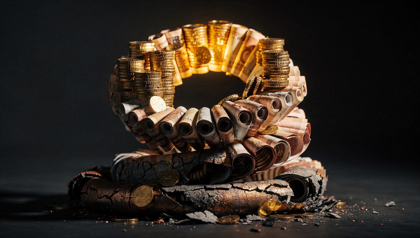 Hyperrealistic macro photograph of a circular structure made of rolled euro banknotes and stacked coins, spiraling upward into a closed loop like a financial ouroboros — money flowing from the base to the peak and back down again. The base of the spiral shows cracked, brittle banknotes almost crumbling to dust, while the top glows with intense golden light. Neutral dark background, softly out of focus. Dramatic single-source side lighting creating long shadows and sharp contrast between the illuminated top and the decaying, shadowed base. Color palette: deep black, aged gold, oxidized copper. Professional macro photography style, high detail, shallow depth of field. No text, no logos, no people. 16:9 aspect ratio. Hyperrealistic macro photograph of a circular structure made of rolled euro banknotes and stacked coins, spiraling upward into a closed loop like a financial ouroboros — money flowing from the base to the peak and back down again. The base of the spiral shows cracked, brittle banknotes almost crumbling to dust, while the top glows with intense golden light. Neutral dark background, softly out of focus. Dramatic single-source side lighting creating long shadows and sharp contrast between the illuminated top and the decaying, shadowed base. Color palette: deep black, aged gold, oxidized copper. Professional macro photography style, high detail, shallow depth of field. No text, no logos, no people. 16:9 aspect ratio.