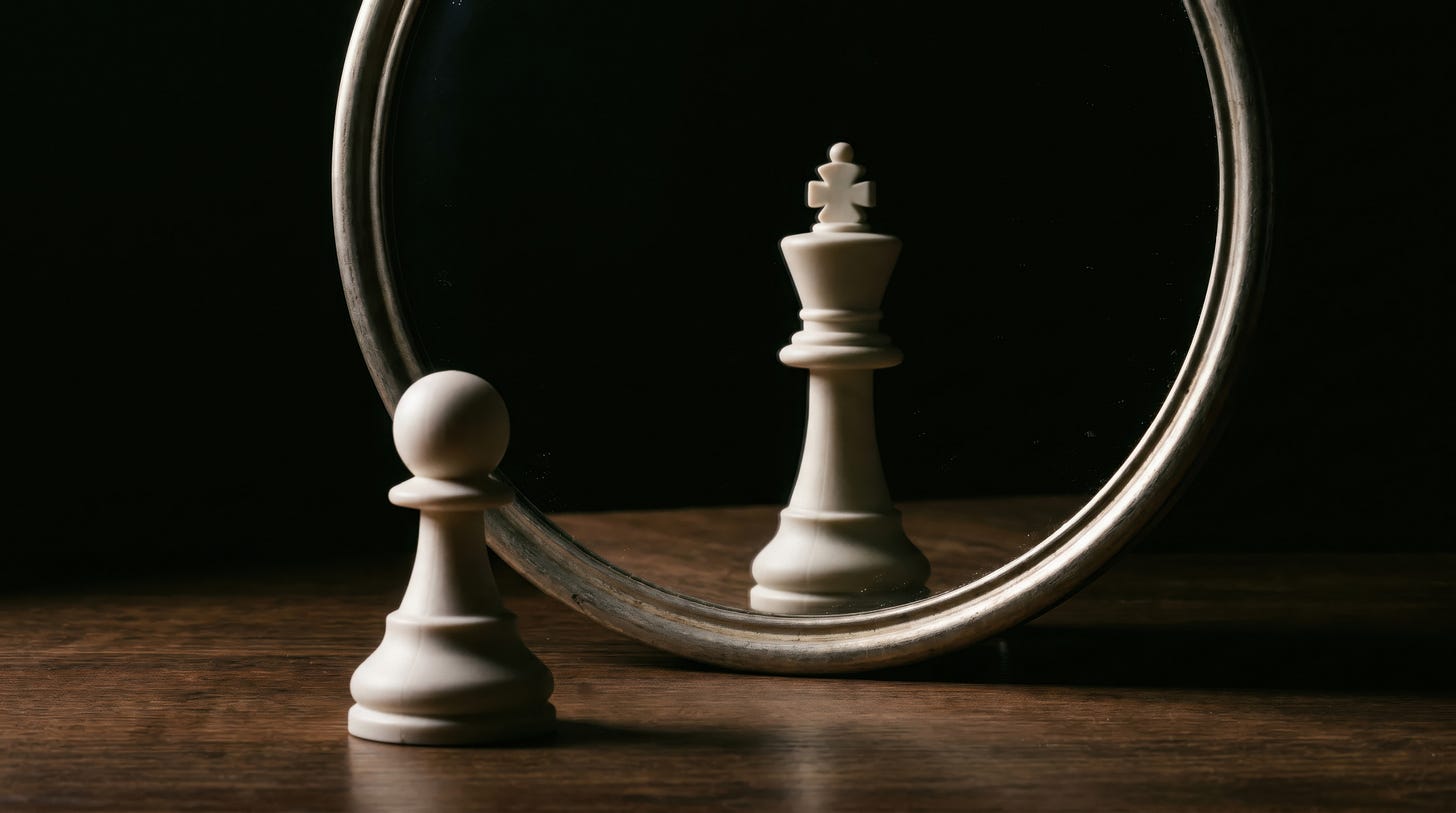 A white pawn chess piece stands in front of a small round mirror, its reflection showing a king chess piece instead, against a dark background.