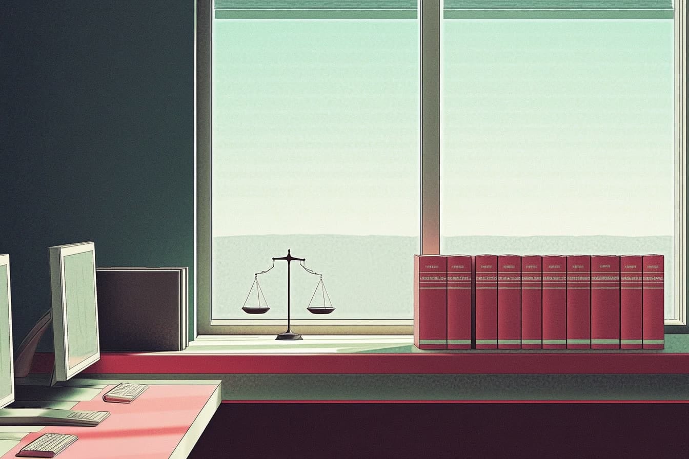 illustration of a desk with computers, a scale, and legal books illustration of a desk with computers, a scale, and legal books