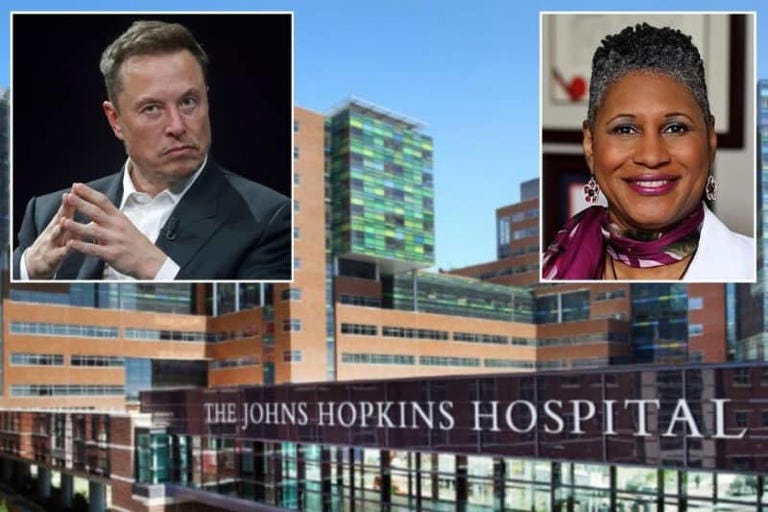 John Hopkins Hospital with Elon Musk and Sherita Hill Golden as insets
