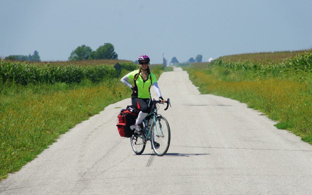 Chelsea flanked by corn on either side on a country road somewhere in central Illinois.