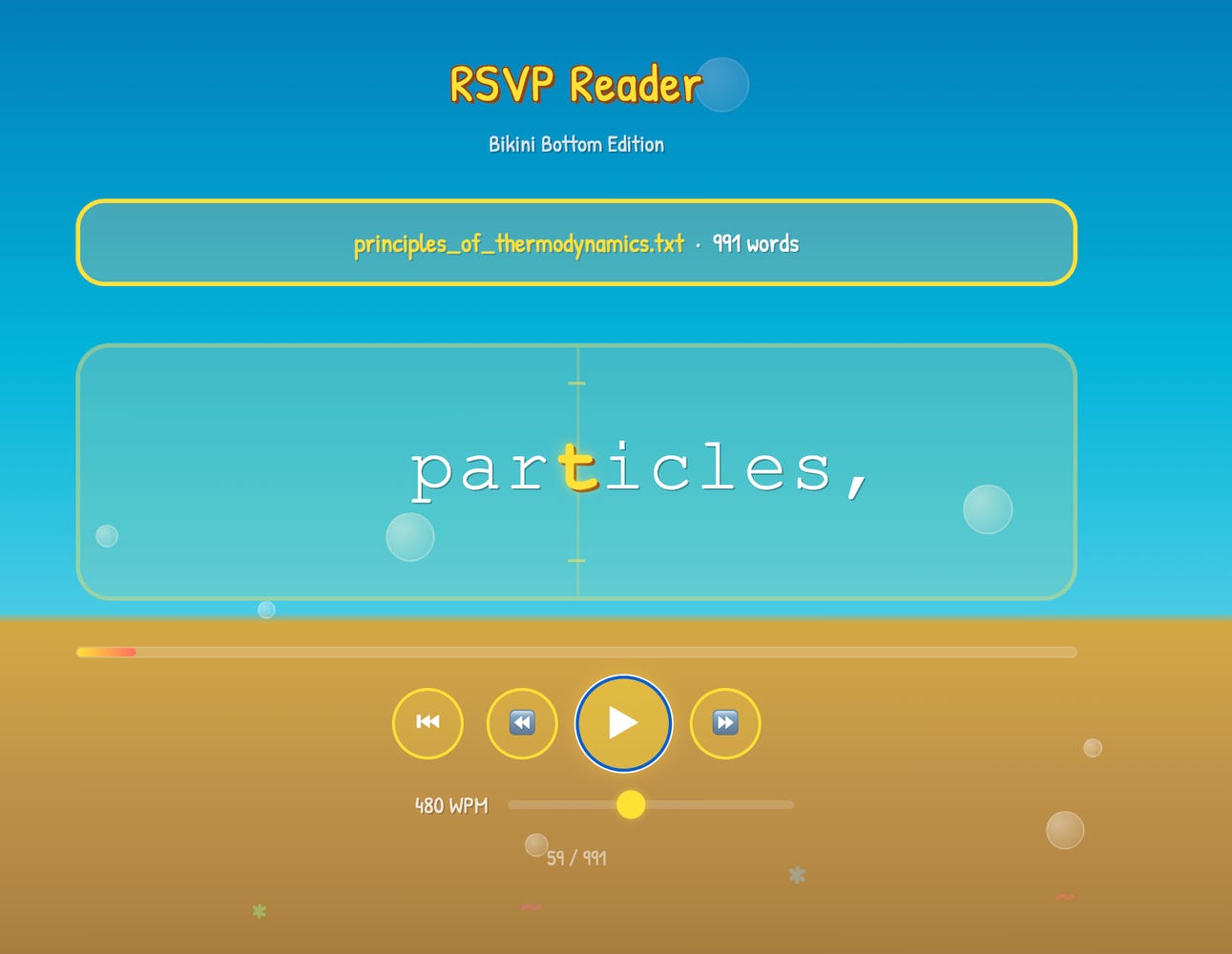 Screenshot of an “RSVP Reader – Bikini Bottom Edition” speed-reading app displaying the word “particles,” from a text file titled principles_of_thermodynamics.txt (991 words), with playback controls and a 480 WPM setting.