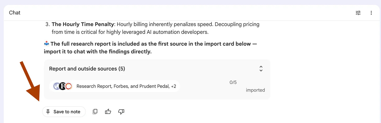 NotebookLM chat with an arrow pointing to the Save to note button under the diversification report NotebookLM chat with an arrow pointing to the Save to note button under the diversification report