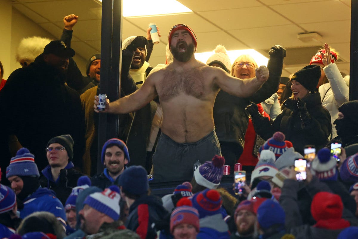 Philadelphia Eagles center Jason Kelce, shirtless and chugging beer, cheers on brother Travis Kelce and the Kansas City Chiefs. Philadelphia Eagles center Jason Kelce, shirtless and chugging beer, cheers on brother Travis Kelce and the Kansas City Chiefs.