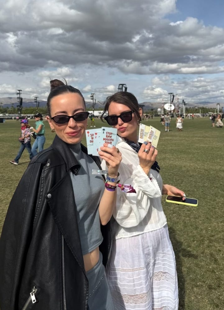 Two Coachella guerrilla marketing posters reading “Stop rawdogging your shoes,” with tear-off Benjie bandages attached—one on a bathroom  wall and one taped to a tree