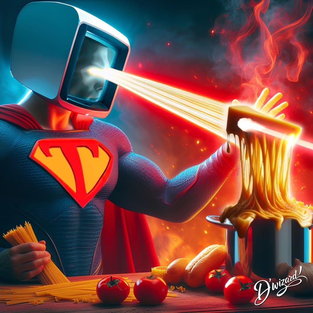 NEXT WEEK: THE CHEESY HEAT VISION COOKING WITH CATHOD RAY!