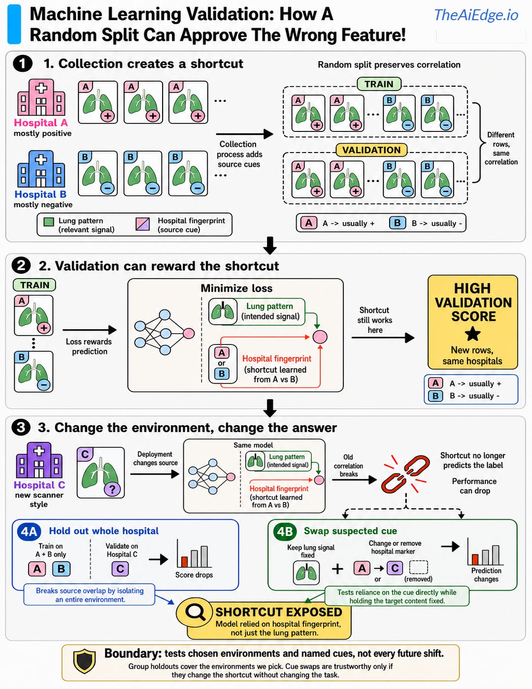 Hospital A supplies mostly positive X-rays and Hospital B mostly negative ones. A random train-validation split preserves their source cues. The same classifier can fail at Hospital C; whole-hospital holdouts and cue swaps probe different dependencies.