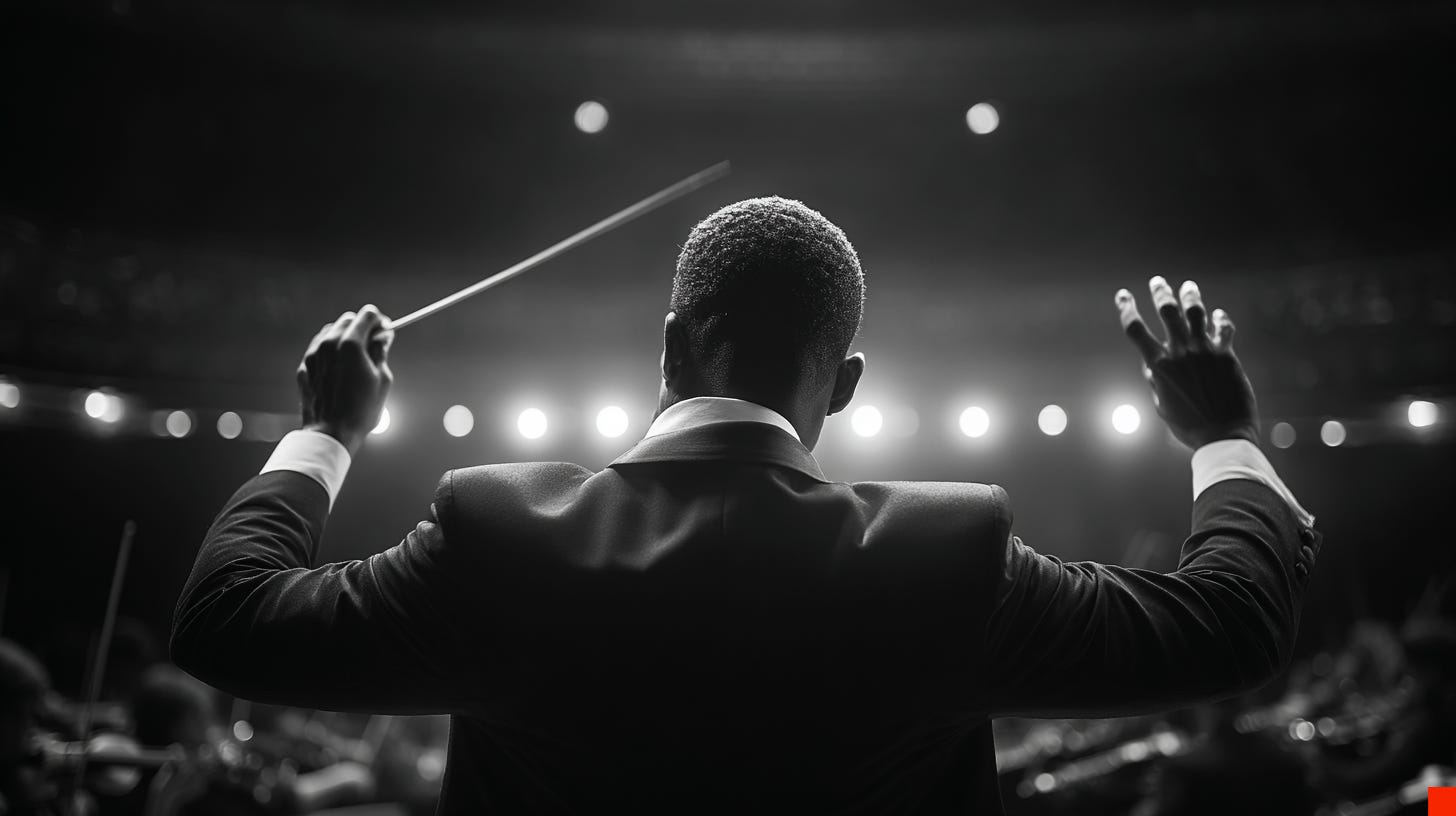 Over the shoulder, at the podium—where weight, silence, and rising are conducted at once. Digital Artwork by Taylor Allyn, 2025.